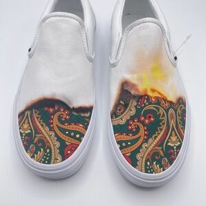 Vans Classic Slip-On Paisley Burnout Custom White Skate Shoes Men 9 Women 10.5